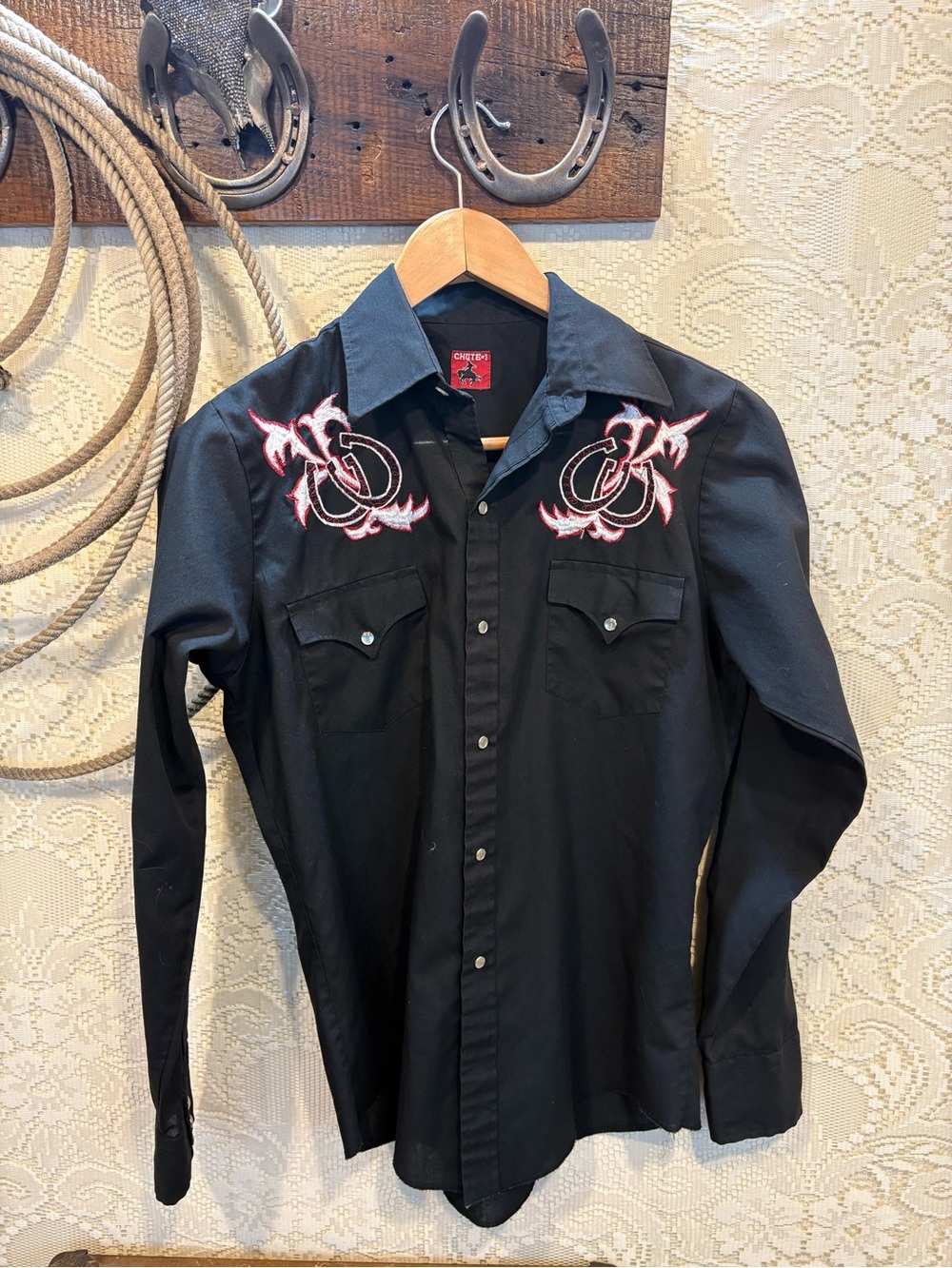 Vintage Black Western Button-Down Shirt with White & Red Embroidery
